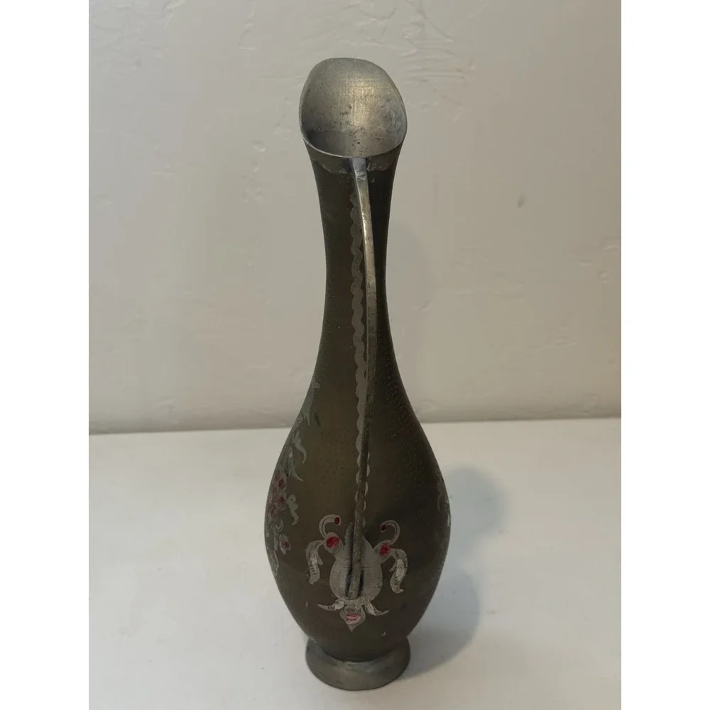 Vintage India Brass Water Pitcher Circa‎ Etched Painted Elegant Curved Handle